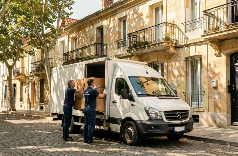 Deux déménageurs professionnels en uniforme chargent des cartons dans un camion blanc devant une maison en pierre de taille à Bordeaux, Nouvelle-Aquitaine