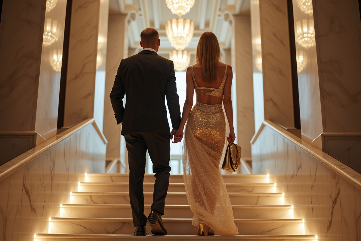 Homme et femme en haute couture descendant un escalier en marbre