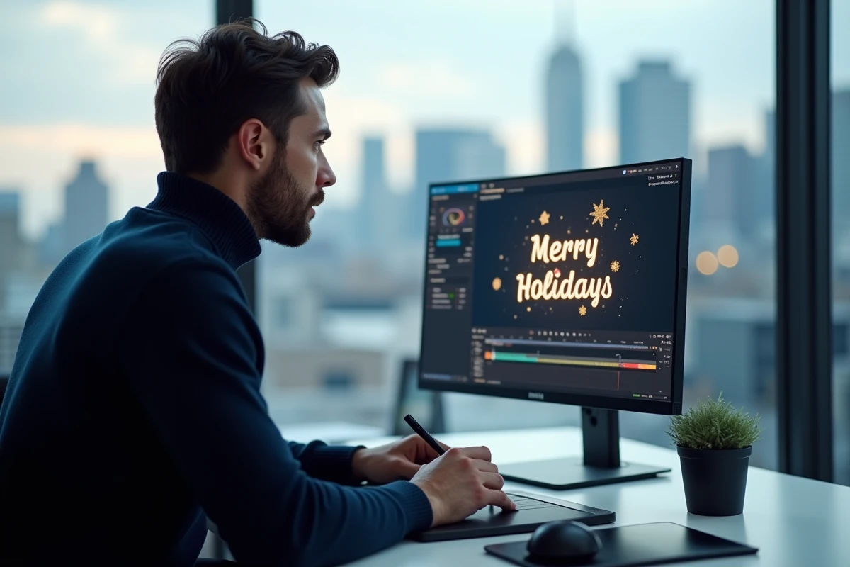 Designer indépendant créant une cybercarte animée de vœux professionnels pour une entreprise sur tablette graphique
