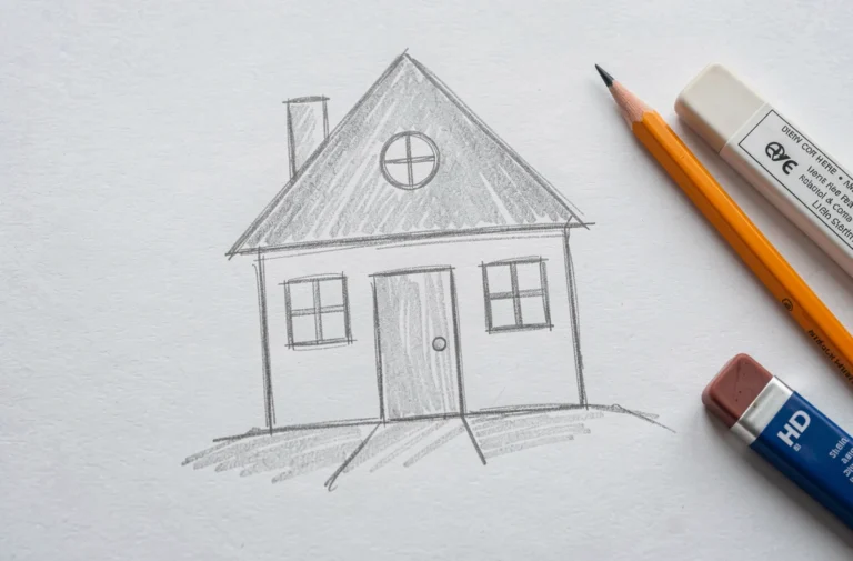 Dessin au crayon d'une petite maison avec toit, porte et fenêtres
