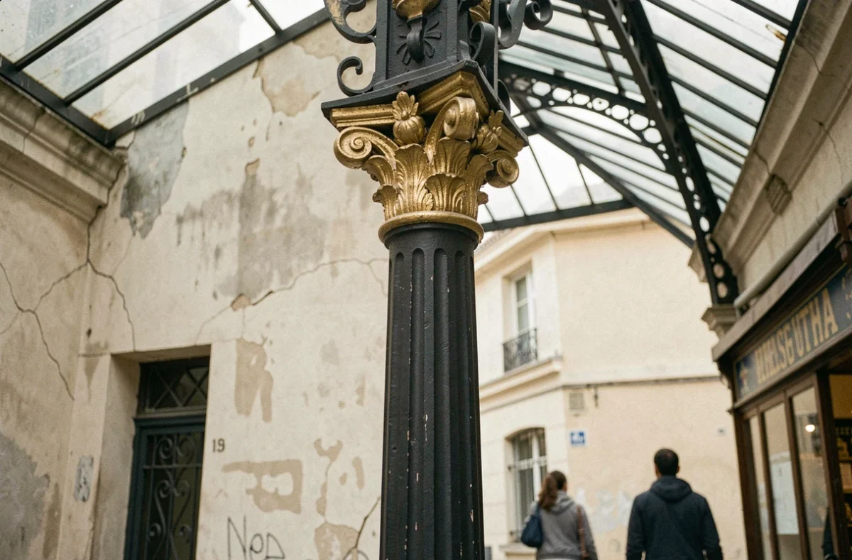 Détail architectural d'une colonne en fonte dorée et de la verrière d'un passage couvert parisien avec couple flou en arrière-plan