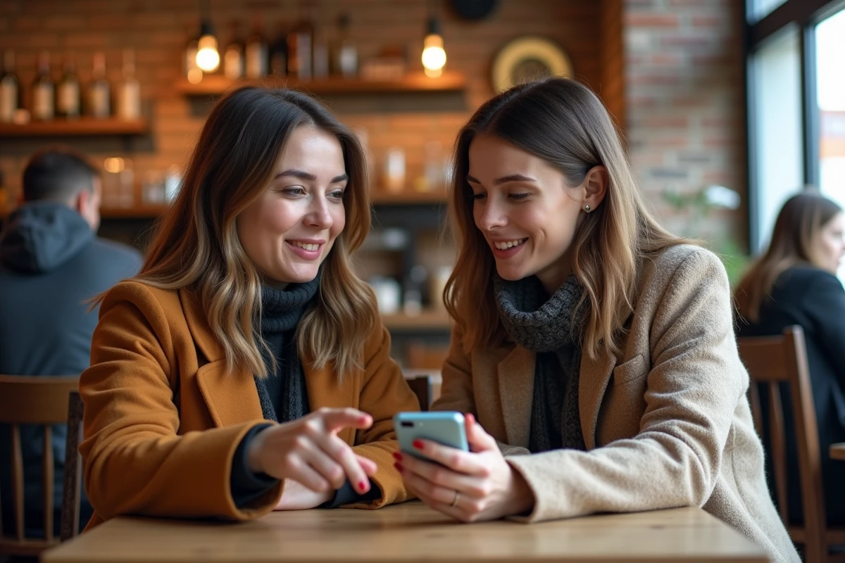 Deux femmes discutant d'un article de presse sur un smartphone dans un café, illustrant le débat médiatique autour de l'âge supposé d'une célébrité
