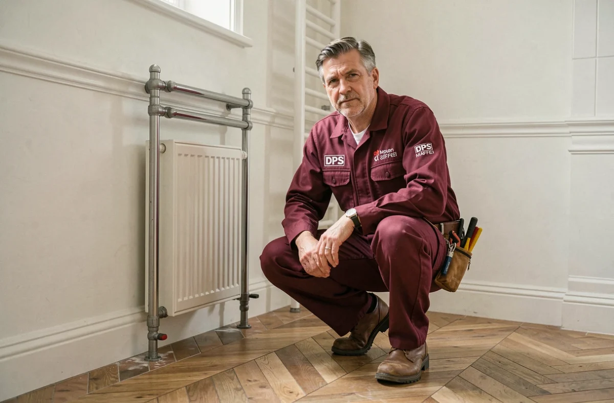 Plombier de DPS Maffei installant un radiateur sèche-serviettes dans une salle de bain rénovée avec carrelage en chevron