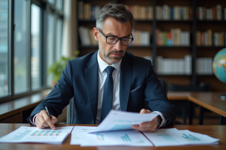 Economiste homme en costume regardant des graphiques financiers