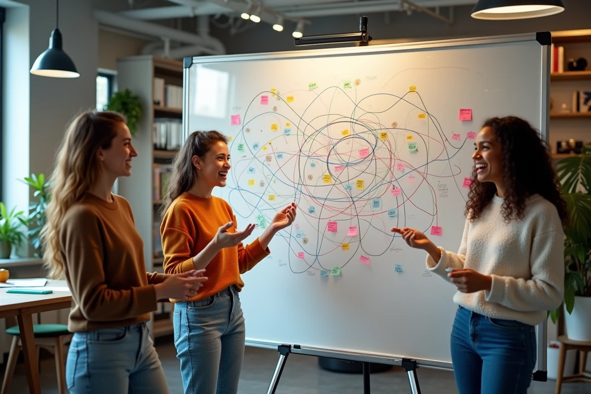 Trois femmes écrivains discutant devant un tableau blanc