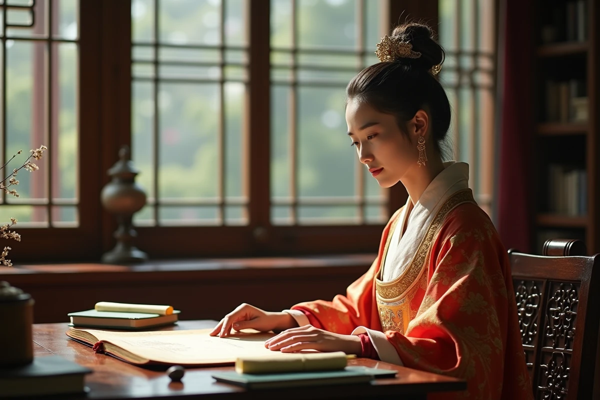 Jeune empress assise à un bureau dans un intérieur impérial