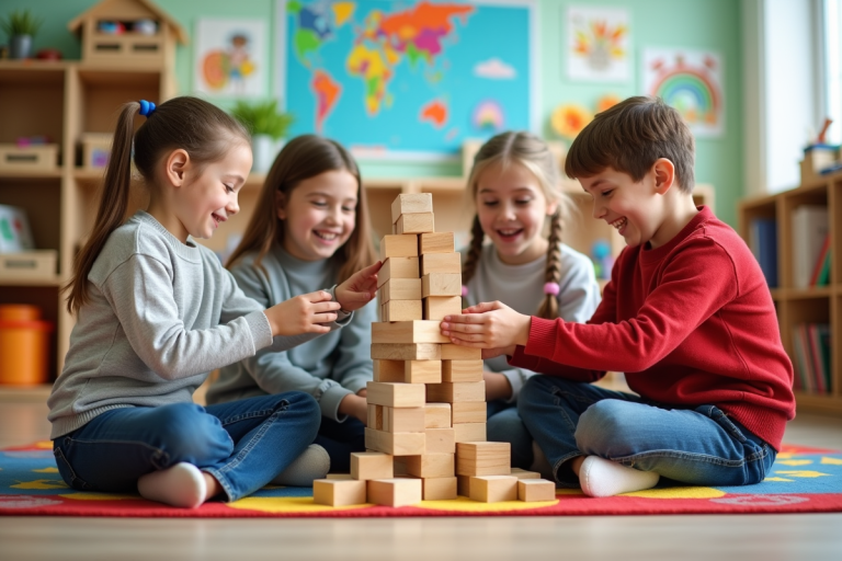 Groupe d'enfants construisant une tour en classe