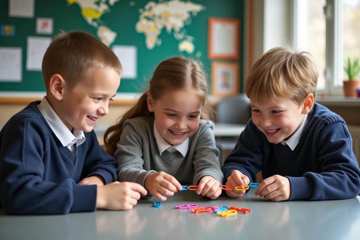 Enfants de l école jouent avec des trombones colorés dans la classe