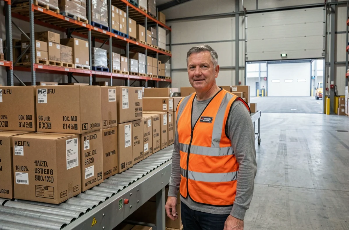 Agent logistique dans un entrepôt de fret international vérifiant des colis d'e-commerce transfrontalier sur un tapis roulant