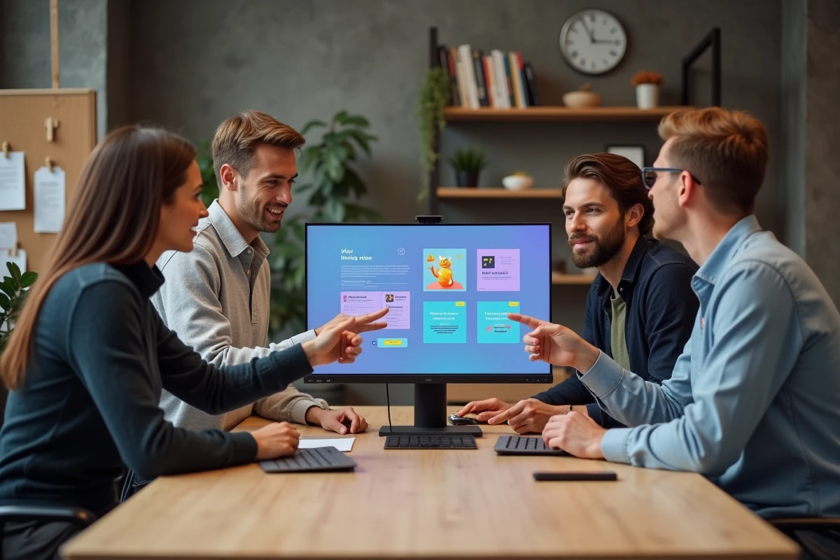 Équipe créative en agence discutant de la conception d'une cybercarte animée de vœux pour une entreprise