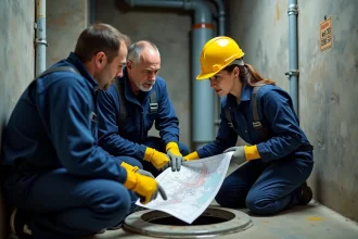 Équipe de maintenance autour d'une trappe d'accès en sous-sol