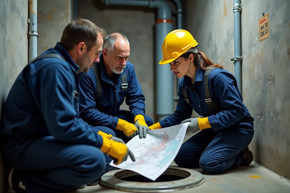 Équipe de maintenance autour d'une trappe d'accès en sous-sol