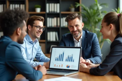 Groupe de professionnels en réunion dans un bureau lumineux