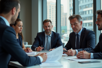 Groupe de professionnels en réunion d'affaires sérieux