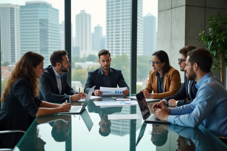 Groupe de professionnels en réunion dans un bureau moderne