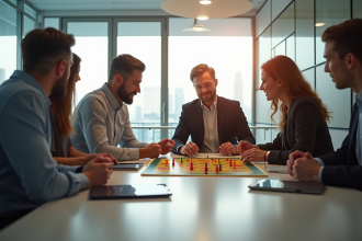 Groupe de professionnels autour d'une table avec jeux et appareils