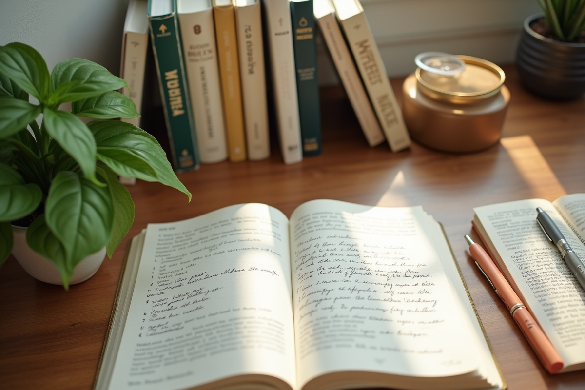 Espace de travail cosy avec livres de bien-être et plante verte