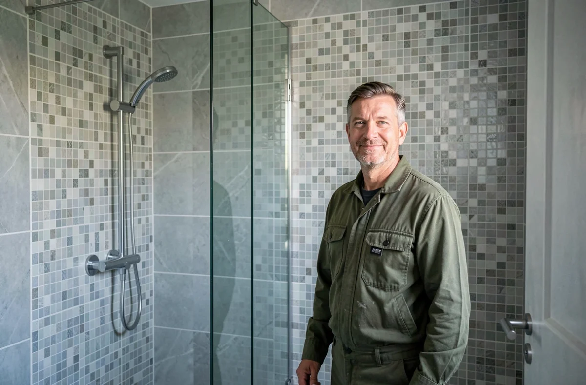 Plombier de l'Etablissement Laroche posant devant une salle de bain rénovée avec douche à l'italienne et carrelage mosaïque dans les Hauts-de-Seine