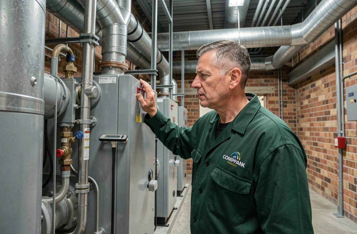 Technicien des Etablissements Roncajoli inspectant un système de chaudière commerciale dans un bâtiment industriel