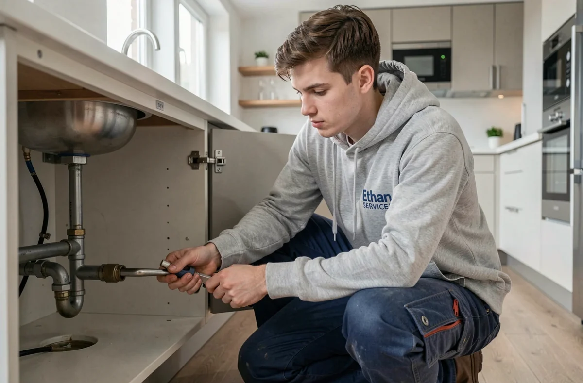 Jeune technicien d'Ethan Services réparant un joint de tuyau sous un évier dans une cuisine moderne en open space