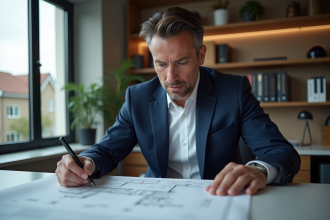 Expert immobilier examinant des plans dans un bureau moderne
