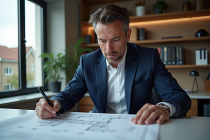 Expert immobilier examinant des plans dans un bureau moderne