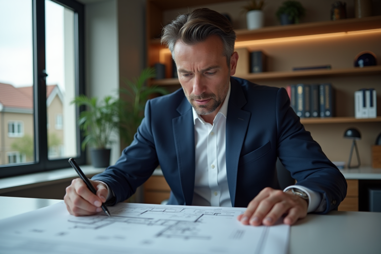 Expert immobilier examinant des plans dans un bureau moderne