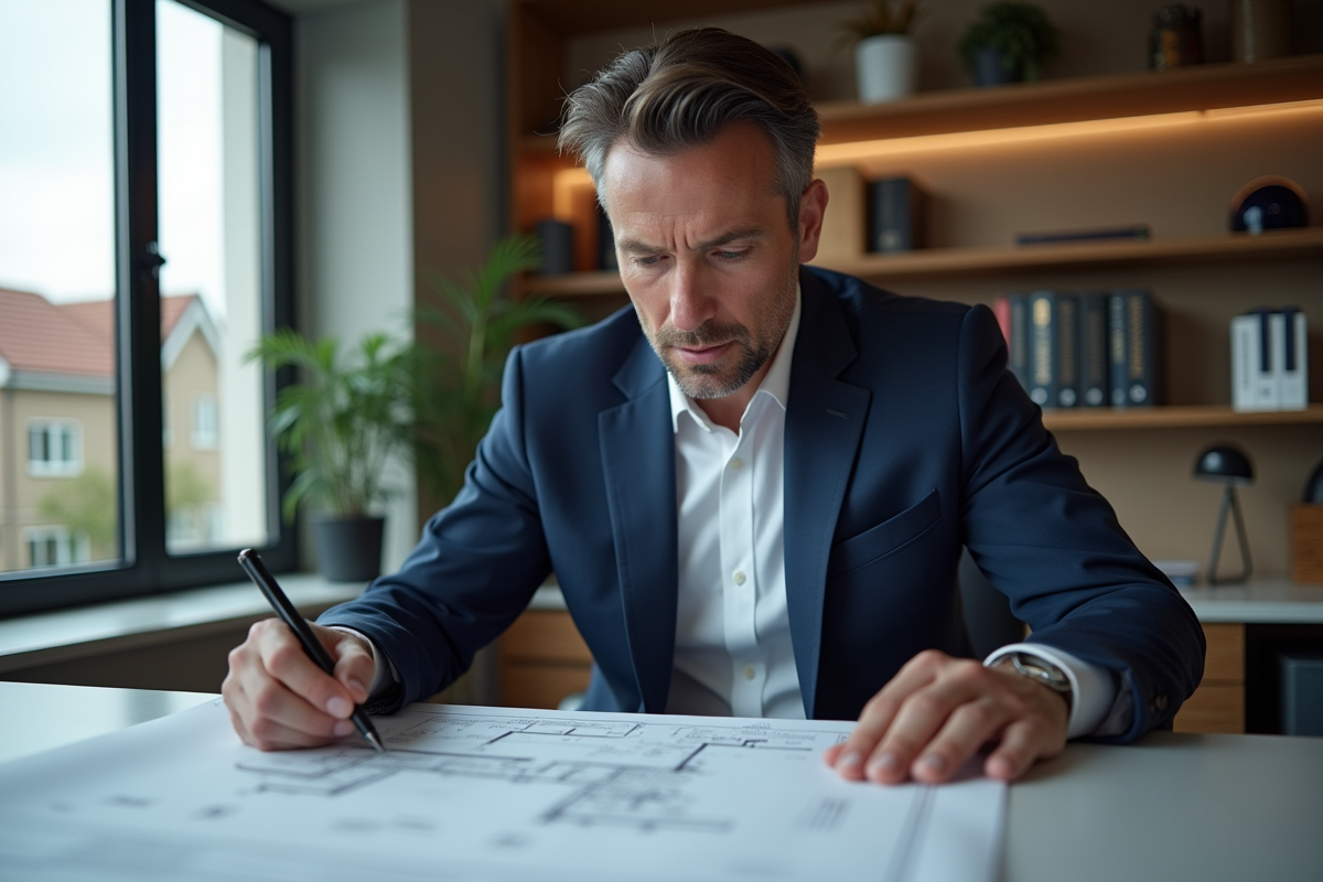 Expert immobilier examinant des plans dans un bureau moderne