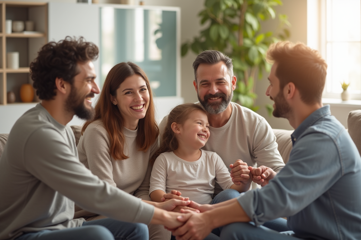 Famille multigenerations souriante dans un salon lumineux