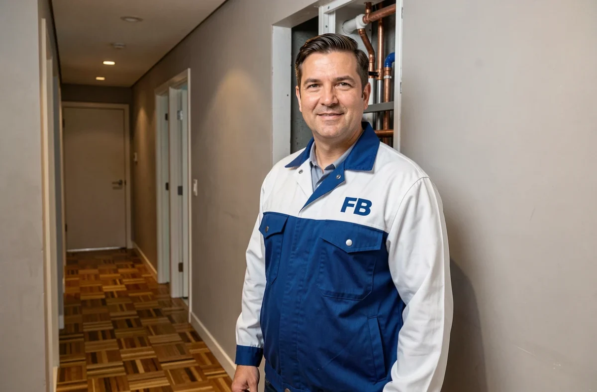 Technicien de FB Plomberie debout devant un panneau d'accès à la tuyauterie dans un couloir d'appartement moderne