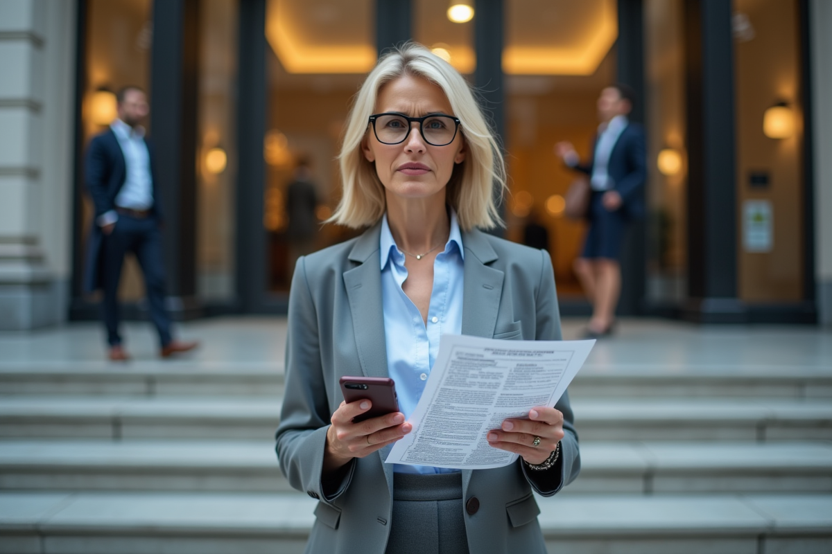 Femme d affaires regardant un rapport financier devant un bâtiment