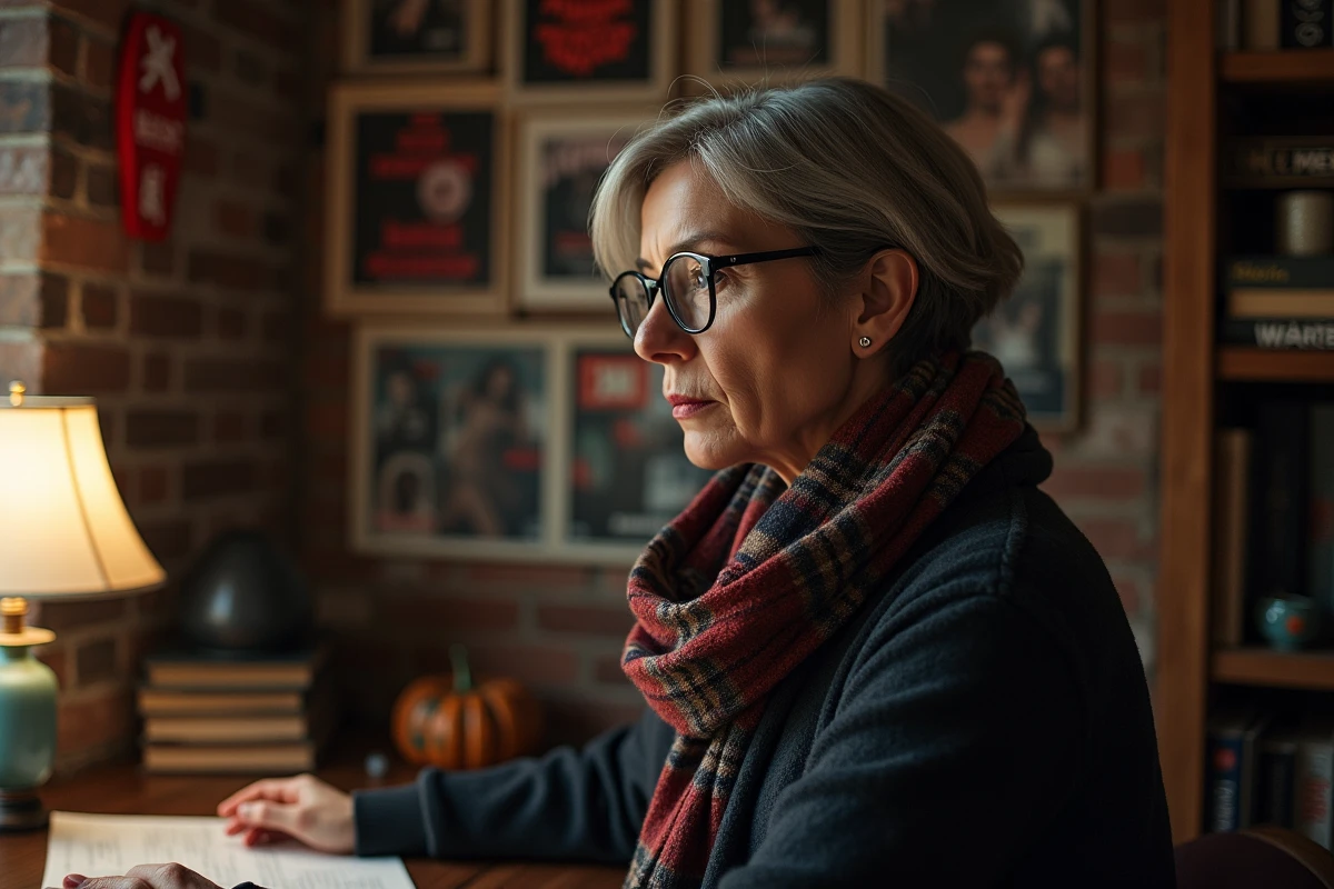 Femme analysant affiches de films d