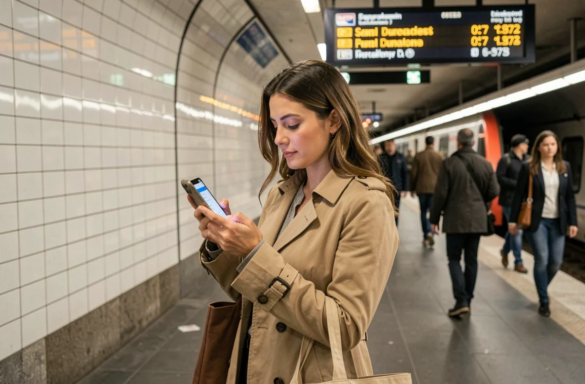 Femme consultant l'application Live trafic RATP sur son smartphone dans une station de métro parisienne