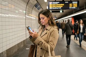 Femme consultant l'application Live trafic RATP sur son smartphone dans une station de métro parisienne