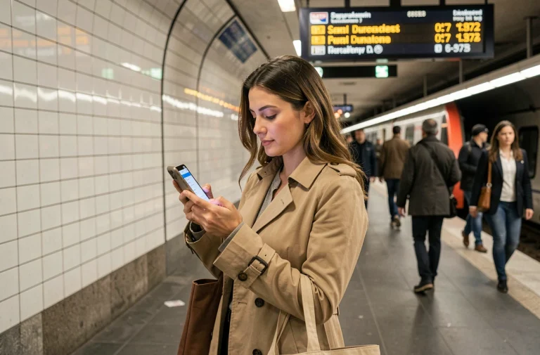 Femme consultant l'application Live trafic RATP sur son smartphone dans une station de métro parisienne