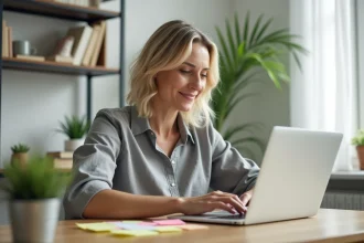 Femme utilisant un ordinateur portable pour découvrir des astuces pratiques et alléger ses tâches quotidiennes à domicile