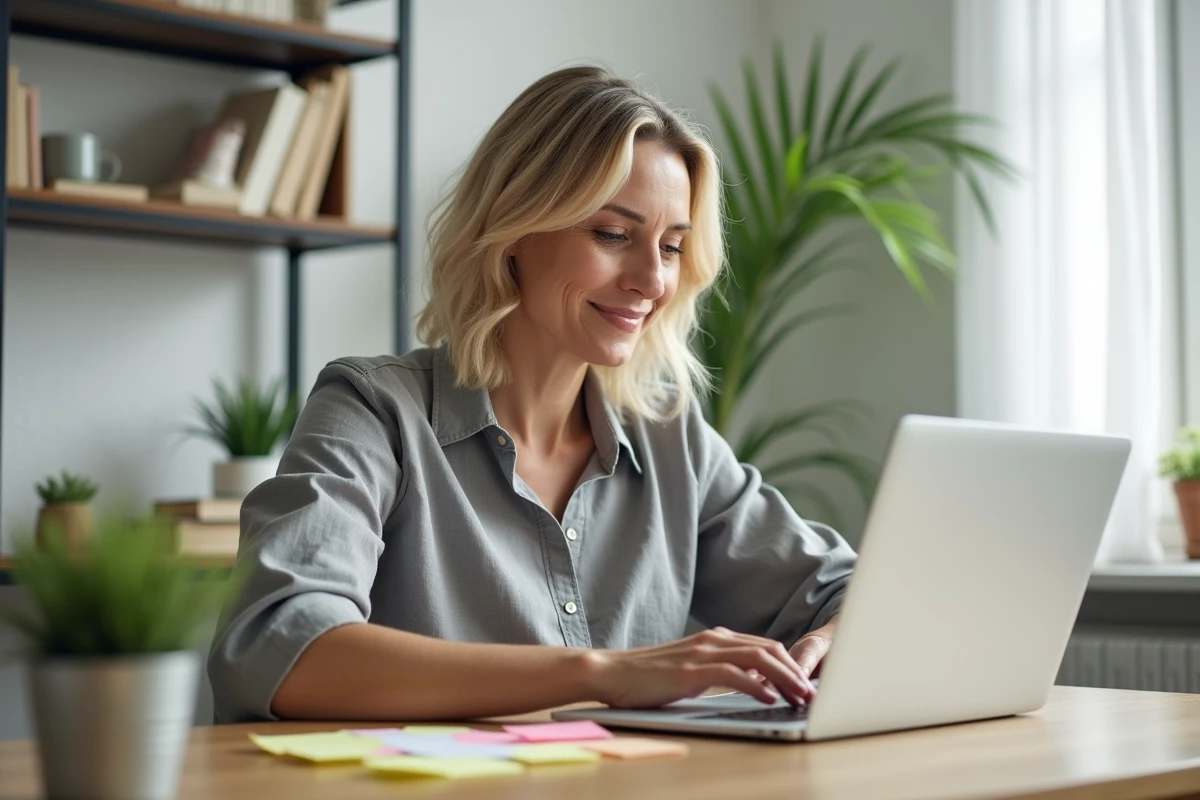 Femme utilisant un ordinateur portable pour découvrir des astuces pratiques et alléger ses tâches quotidiennes à domicile