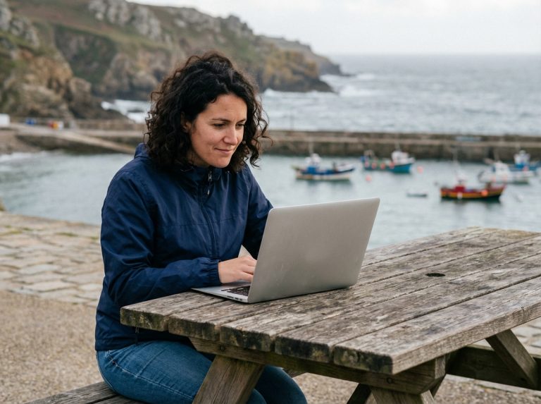 Femme en windbreaker travaillant au bord de la mer en Bretagne