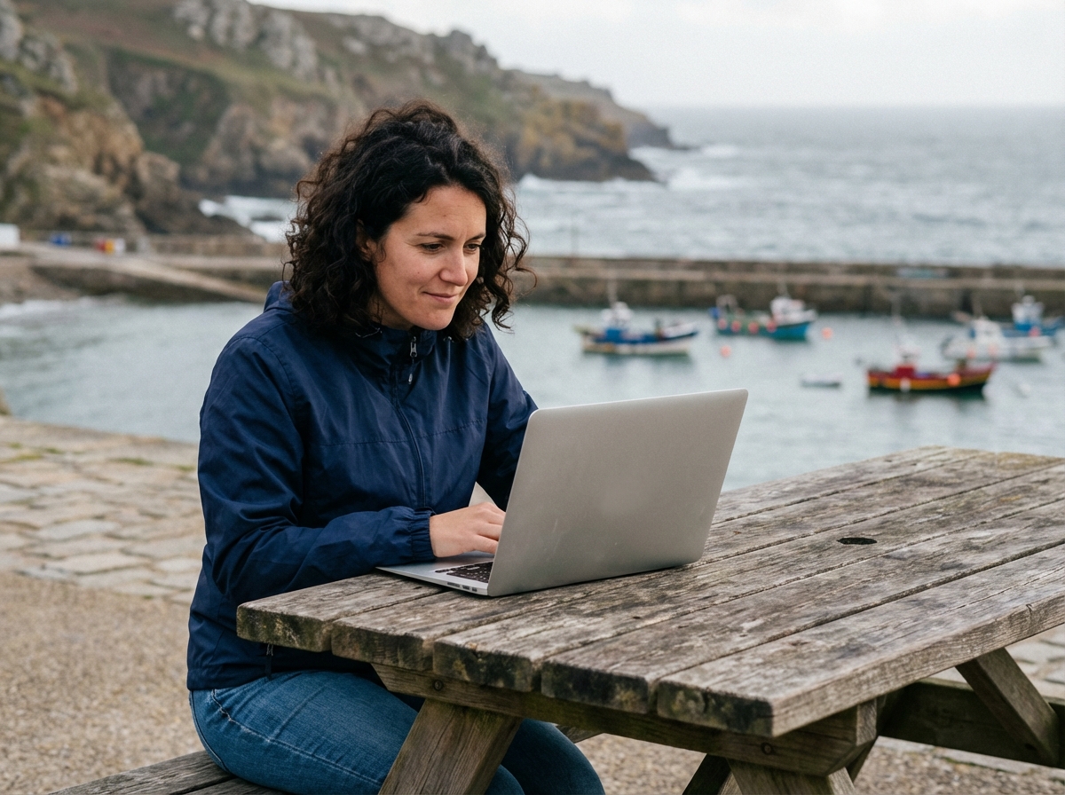 Femme en windbreaker travaillant au bord de la mer en Bretagne