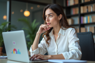 Femme en bureau regardant des graphiques sur son ordinateur