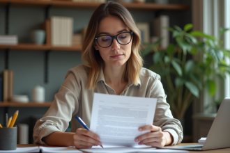 Femme en bureau à domicile examine un document