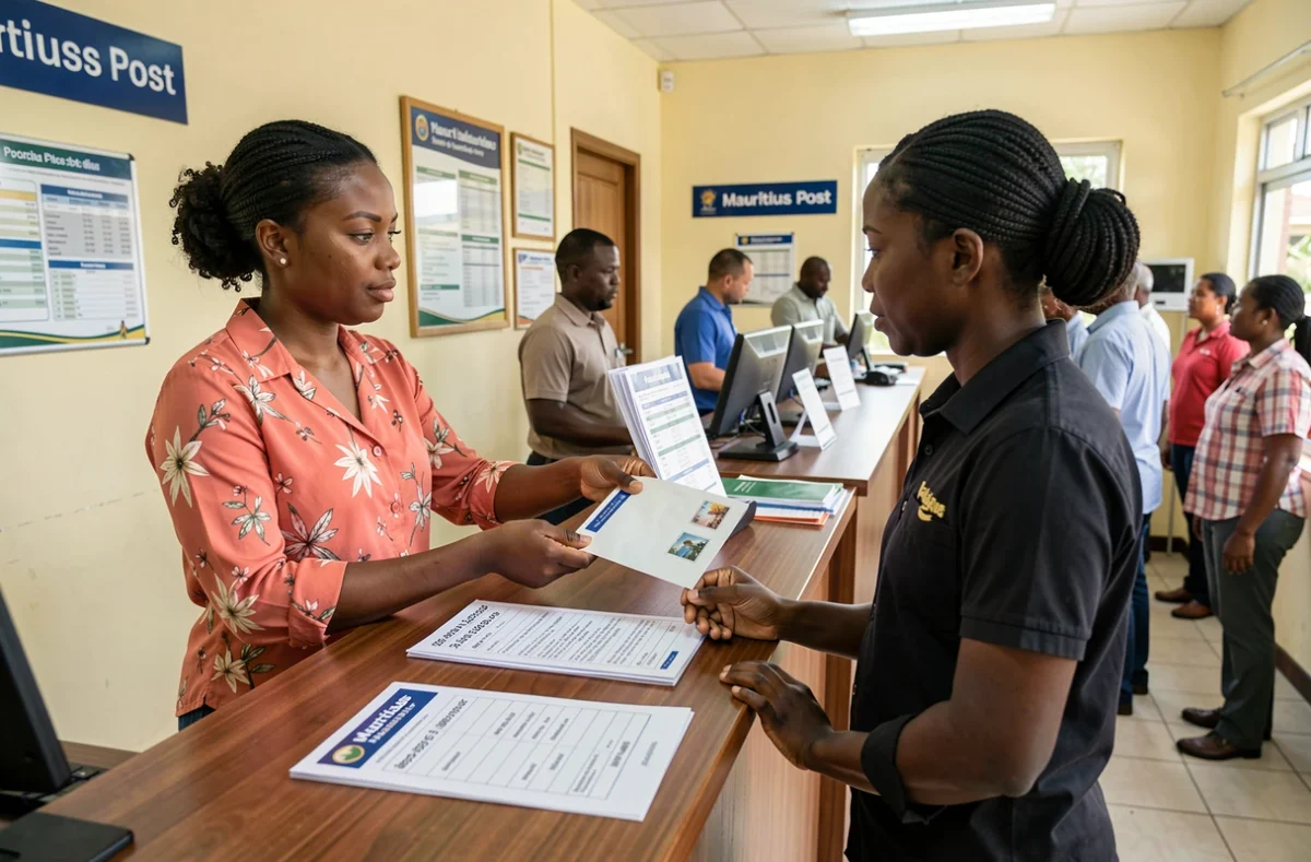 Femme mauricienne au guichet de La Poste à Port Louis consultant une liste de codes postaux officiels