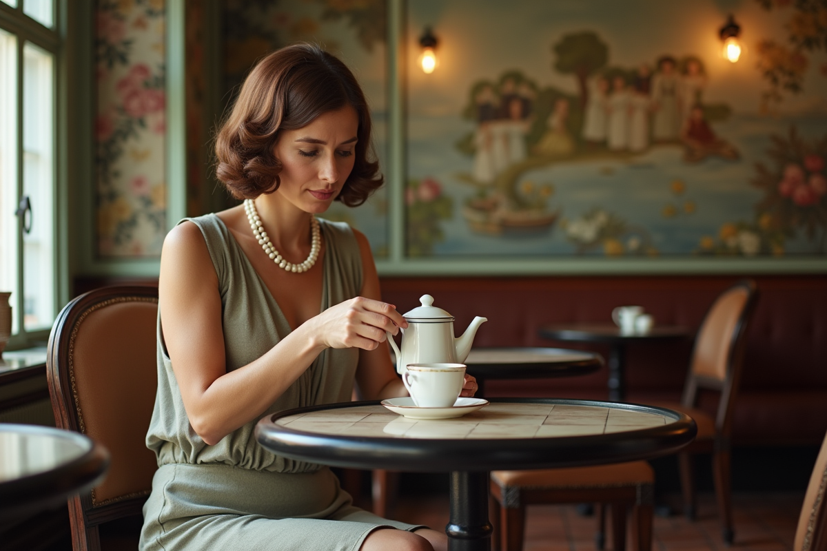 Femme assise dans un café vintage des années 1920