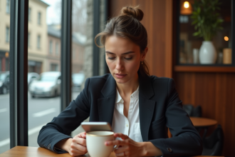 Femme lisant son smartphone dans un café moderne