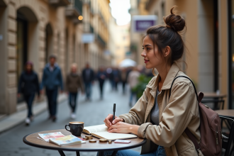 Jeune femme au café avec carnet de voyage et monnaie étrangère