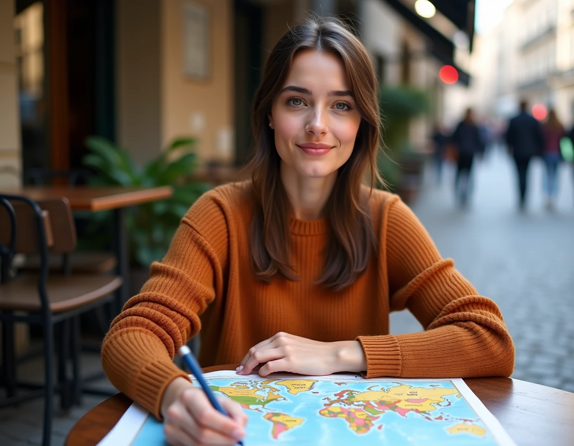 Jeune femme consultant une carte du monde annotée en espagnol dans un café de rue européen, symbolisant l'apprentissage des langues et la diversité hispanophone