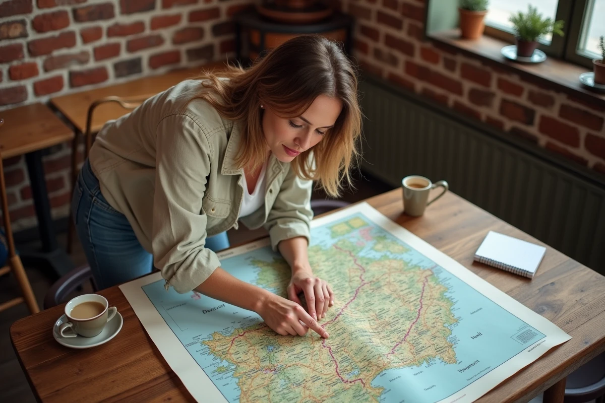 Femme consultant une carte routière de l'Allemagne dans un café allemand typique pour planifier son voyage par région