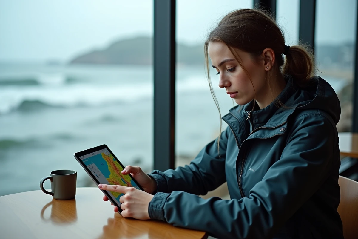Jeune femme regardant une carte dans un café côtier