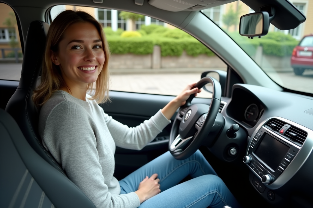 Jeune femme souriante dans une voiture en ville