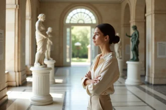 Femme contemplant deux statues grecques dans une galerie lumineuse